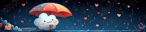 Kawaii cloud holding an umbrella surrounded by hearts in the rain. Generative AI photo