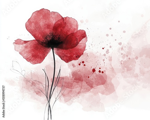 Red Poppy Flower Watercolor Art with Soft Background and Splashes