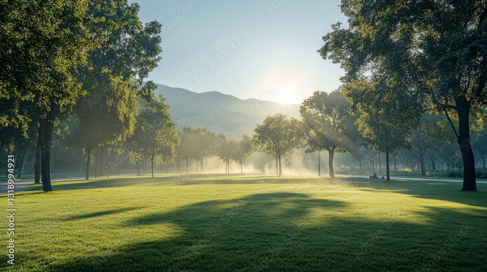 Obraz premium Serene Morning Light in Park with Mist Rising from Grass. Generative AI