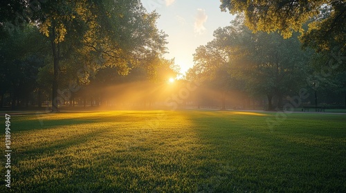 Sunshine Filtering Through Trees in Early Morning Park. Generative AI photo