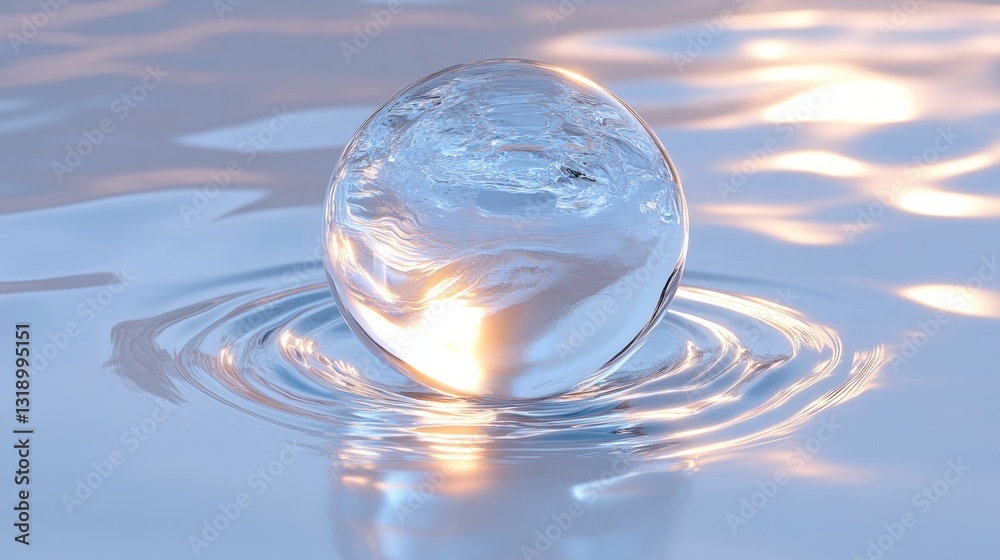 A highly detailed water sphere, its surface shimmering with light reflections, placed on a pristine white background