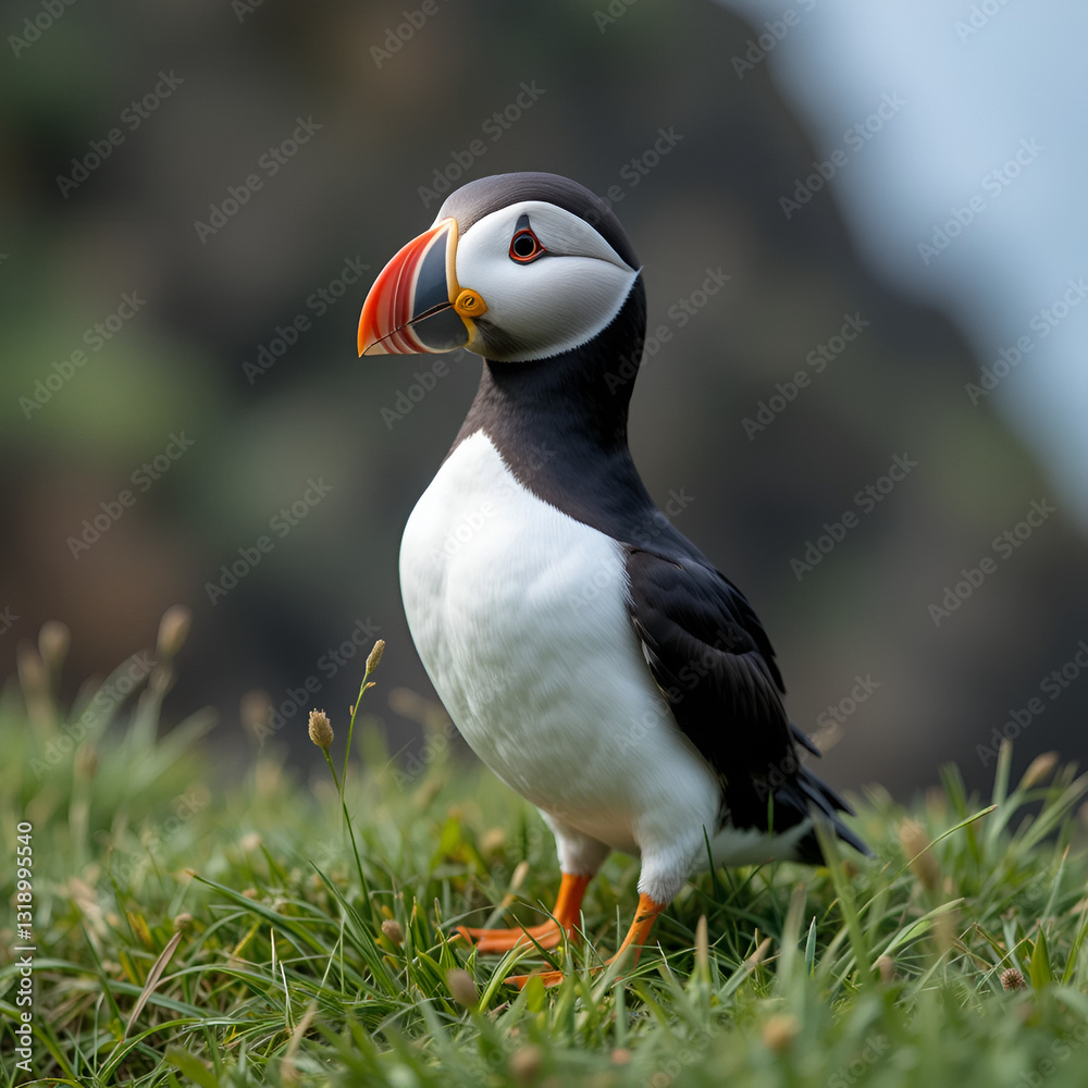 Atlantic puffin perched on the green grass Atlantic puffin perched on the green grass