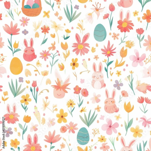 Seamless Pastel Easter Pattern Bunnies Flowers Eggs Springtime Design