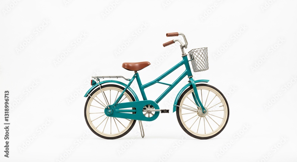 Fototapeta premium Teal bicycle sits elegantly against bright white background. AI Generated