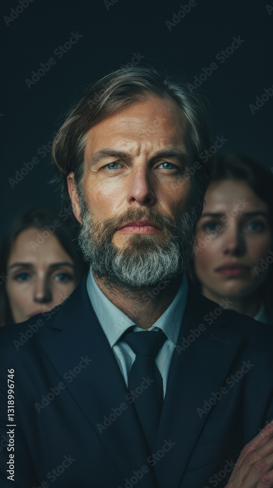 Caucasian mature man in formal suit with thoughtful expression, accompanied by two women in dark tones