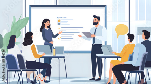 Employees are listening to the trainer with laptops open on their desks.