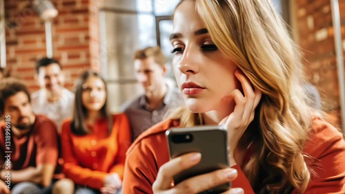 Upset Woman with Worried Mood Looking at Phone against Blurred People Background