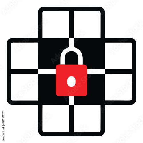 A bold black grid square paired with a red padlock, symbolizing digital security, data protection, and secure access for tech and cybersecurity projects.