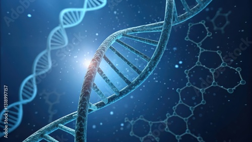 3D illustration of a DNA double helix structure in a blue futuristic background. Ideal for biotechnology, genetics, molecular research, and scientific concepts