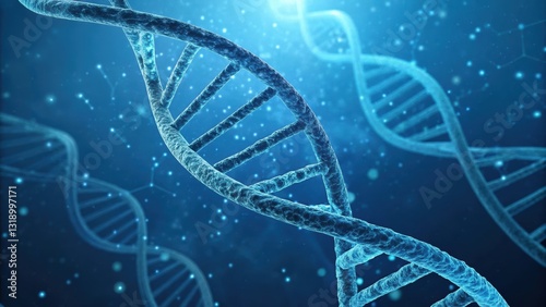 3D illustration of a DNA double helix structure in a blue futuristic background. Ideal for biotechnology, genetics, molecular research, and scientific concepts