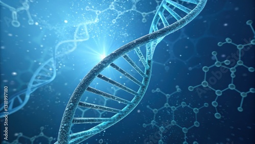 3D illustration of a DNA double helix structure in a blue futuristic background. Ideal for biotechnology, genetics, molecular research, and scientific concepts