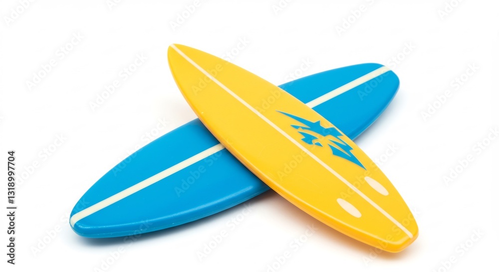 Brightly colored surfboards playfully intersect against a stark white background. AI Generated Brightly colored surfboards playfully intersect against a stark white background. AI Generated