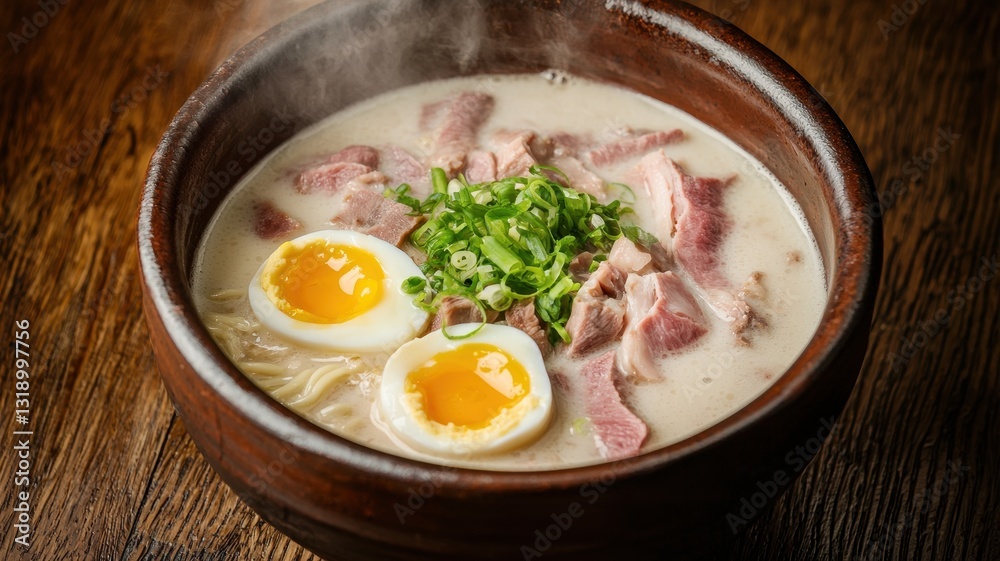 Delicious Creamy Pork Ramen Soup with Soft Boiled Eggs and Green Onions Delicious Creamy Pork Ramen Soup with Soft Boiled Eggs and Green Onions