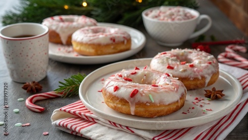 Coffee shops with winter donuts with sugar glazed, December and Christmas theme.