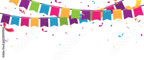 Birthday bunting flags, with colorful confetti, birthday banner and backgrounds