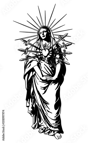 Line art illustration of Our Lady of Sorrows, featuring seven swords piercing her heart.