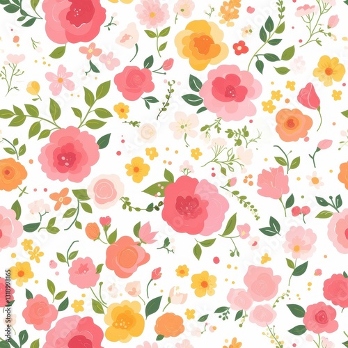 Wallpaper Mural Seamless Spring Floral Pattern Pretty Pink Orange Yellow Roses and Blossoms Design Torontodigital.ca