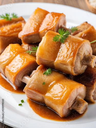 Close-up of cooked pig's trotters on white plate.