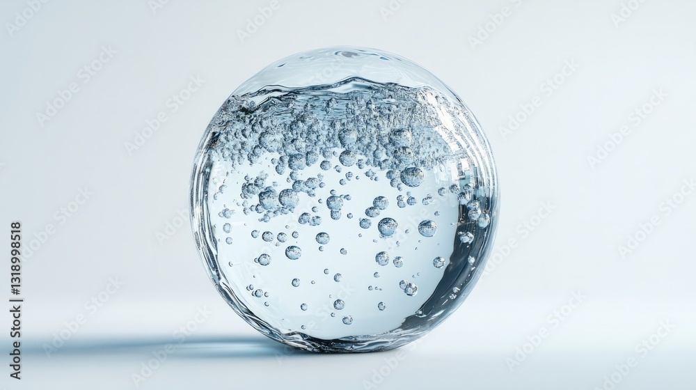 A transparent water sphere with tiny suspended air bubbles inside, set against a white background, hyper-realistic and luminous A transparent water sphere with tiny suspended air bubbles inside, set against a white background, hyper-realistic and luminous