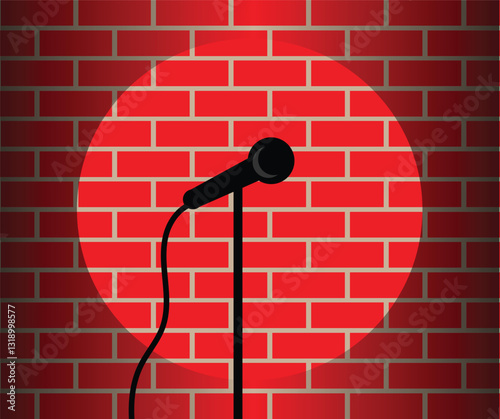 Stand Up Brick Wall Show Stage with Microphone. Giving speech, technology and performance art vector