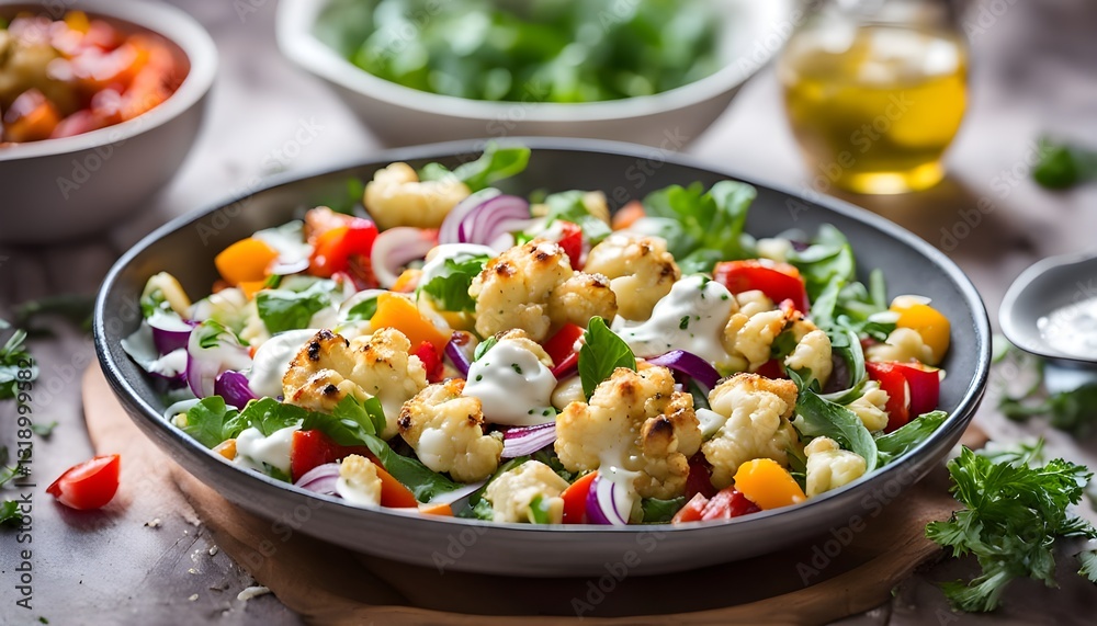 Roasted cauliflower salad with vegetables and yogurt sauce. Side view table. Roasted cauliflower salad with vegetables and yogurt sauce. Side view table.