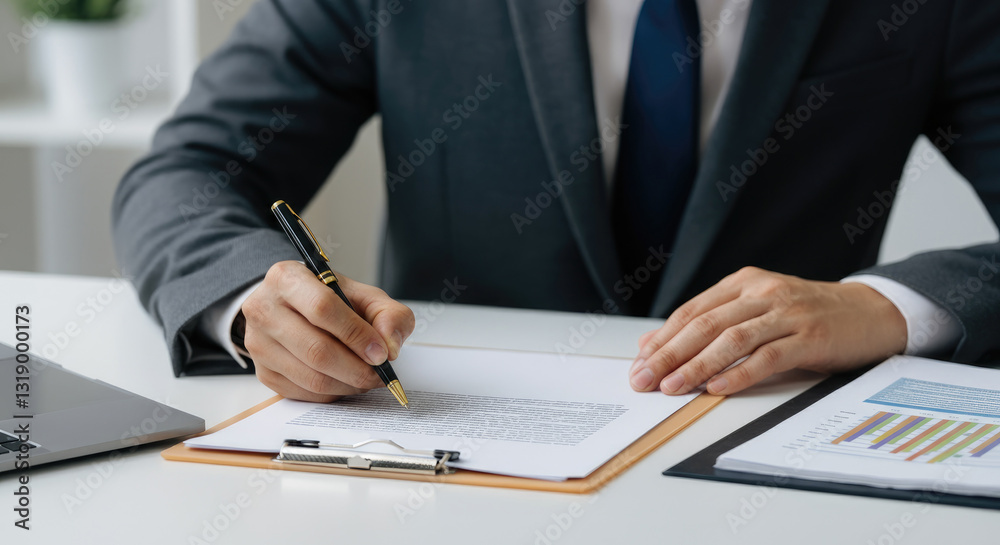 Man in suit writing on clipboard at desk with documents Man in suit writing on clipboard at desk with documents