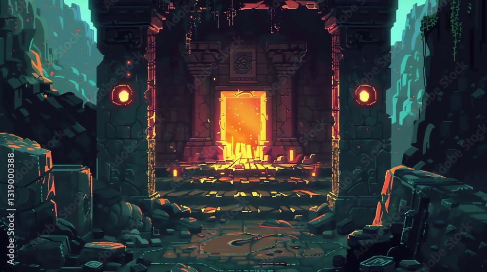 An illustration of a mysterious entrance to a cave with an orange glow emanating from the door. An illustration of a mysterious entrance to a cave with an orange glow emanating from the door.