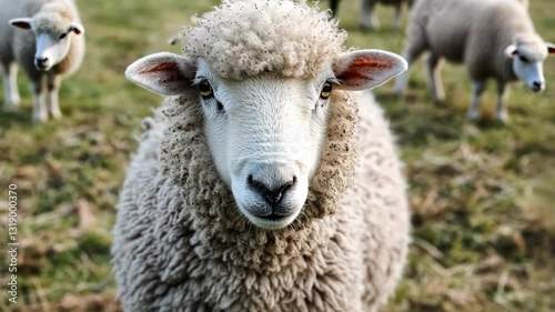 Close-up of a sheep in a pasture surrounded by grazing flock during a sunny afternoon