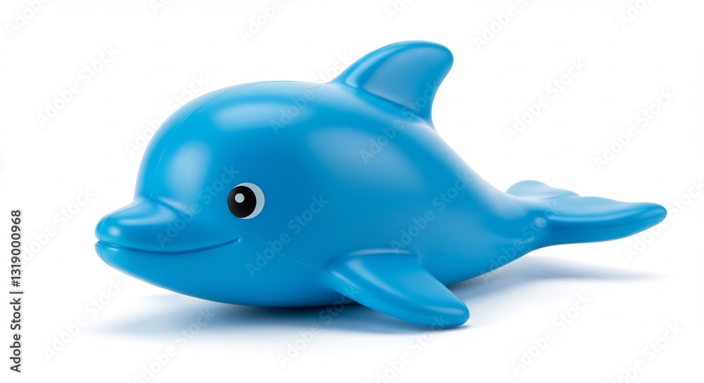 Fototapeta premium Smiling blue dolphin toy playfully poses against bright white background. AI Generated