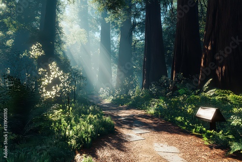 Winding Trail Through Redwoods With Sunlight Filtering In