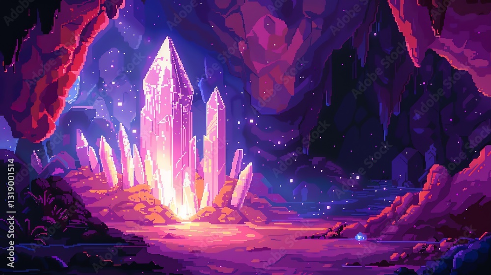 Fototapeta premium A pixel art scene of a mystical cave with glowing crystals.