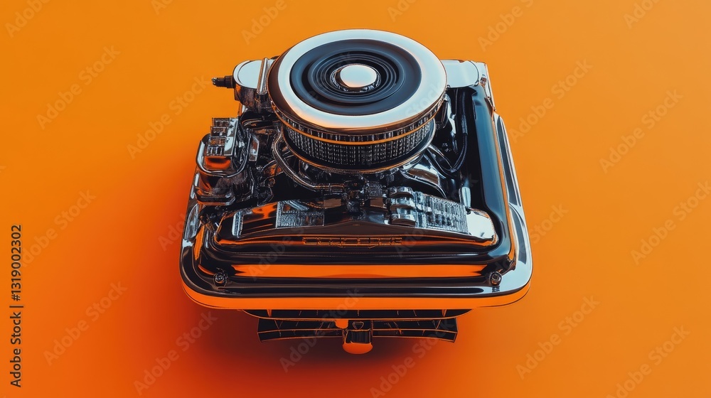 Fototapeta premium A chrome-finished car engine placed on a striking orange background, emphasizing its sleek design