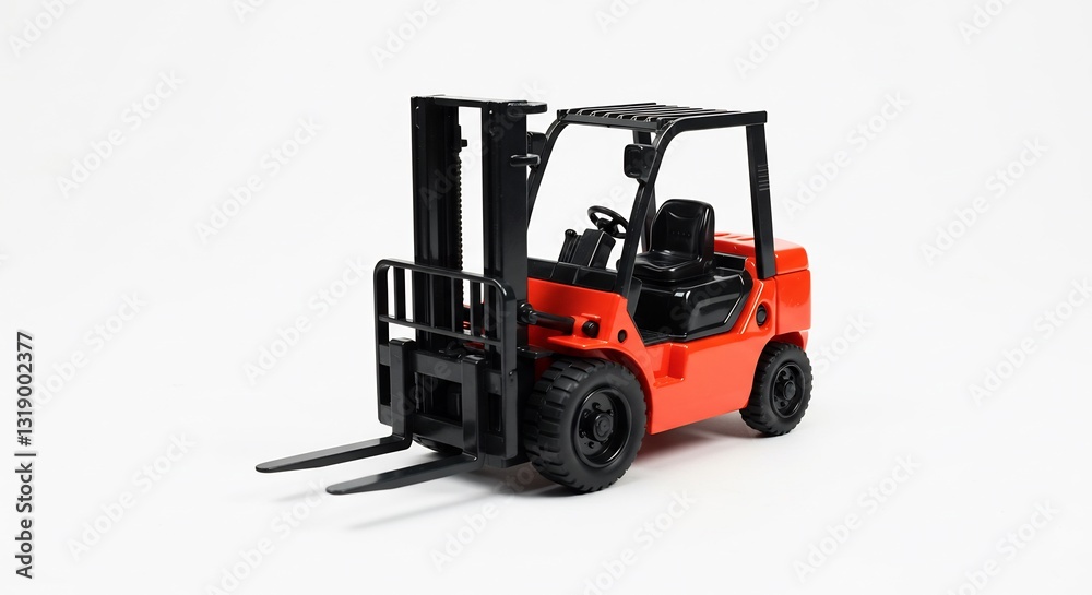 Fototapeta premium Brightly lit orange toy forklift model sits perfectly against white background. AI Generated
