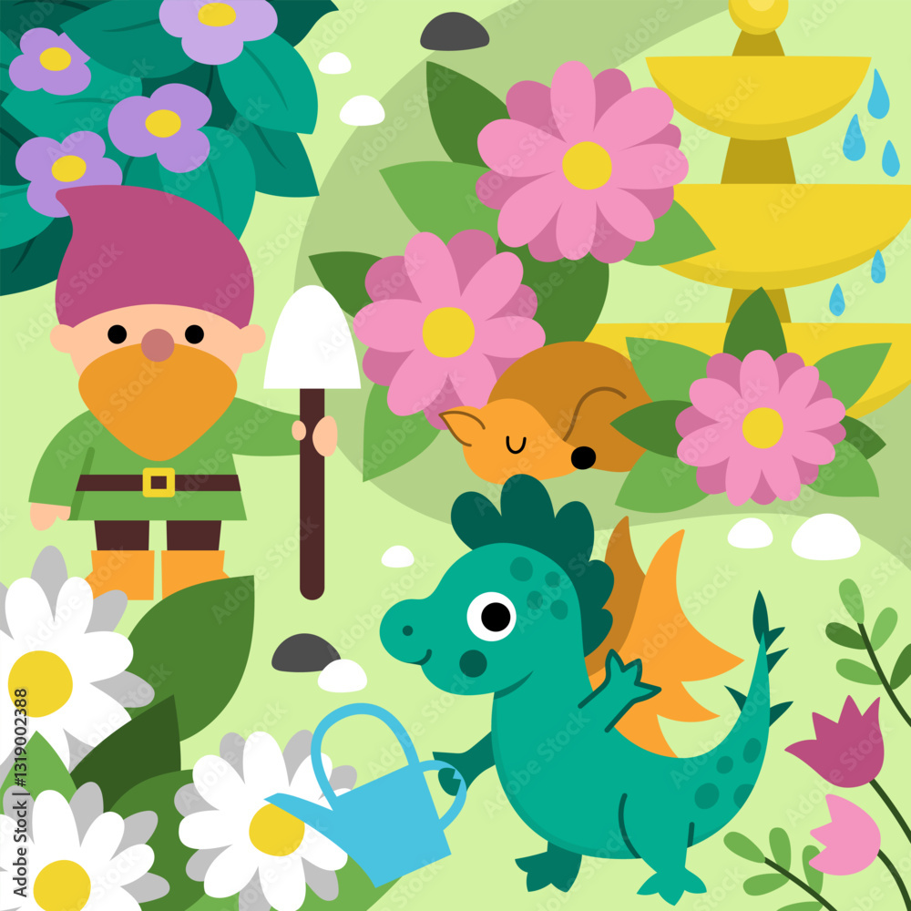 Fototapeta premium Vector square fairyland background with garden gnome, flowers, dragon, sleeping fox, fountain. Magic land landscape. Woodland scenery. Fantasy forest scene illustration. Fairytale picture