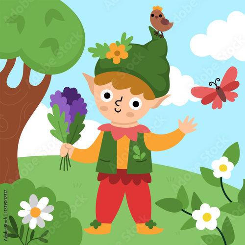 Vector square background with elf. Fairyland landscape illustration. Cute scenery with magic little boy dwarf with bird, meadow, sky, tree. Fantasy nature scene illustration. Fairytale picture for kid