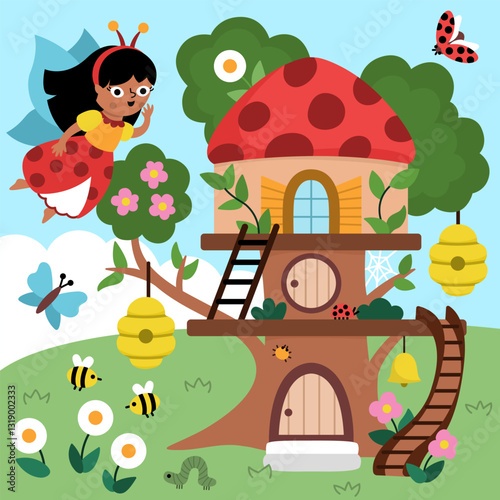 Vector square fairyland background with bug fairy, ladybird treehouse, bees. Magic land landscape. Woodland scenery with cute princess. Fantasy forest scene illustration. Fairytale picture