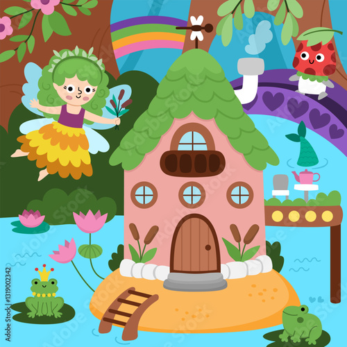 Vector square fairyland background with swamp fairy, mermaid house, reeds. Magic land landscape. Woodland scenery with cute princess. Fantasy forest scene illustration. Fairytale picture