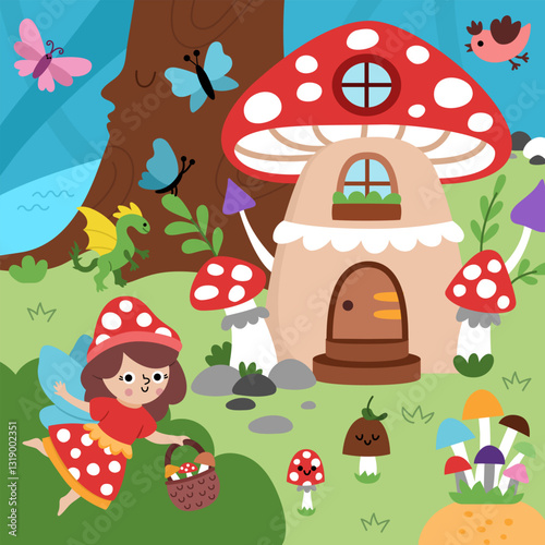 Vector square fairyland background with mushroom fairy, toad stool house, bird. Magic land landscape. Woodland scenery with cute princess. Fantasy forest scene illustration. Fairytale picture