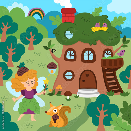 Vector square fairyland background with acorn fairy, treehouse, squirrel. Magic land landscape. Woodland scenery with cute princess. Fantasy forest scene illustration. Fairytale picture