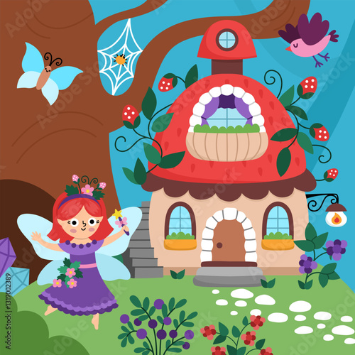 Vector square fairyland background with berry fairy, strawberry house, tree. Magic land landscape. Woodland scenery with cute princess. Fantasy forest scene illustration. Fairytale picture
