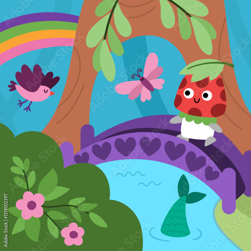 Vector square fairyland background with funny mushroom, bridge, mermaid tail. Magic land landscape. Woodland scenery with cute creature. Fantasy forest scene illustration. Fairytale picture