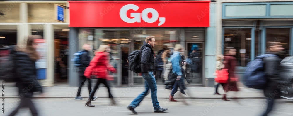 Obraz premium Pedestrians walking past a store with red signage on a city street