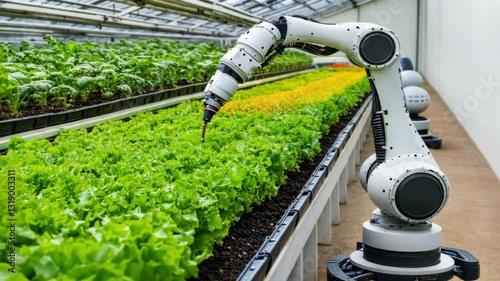 Futuristic greenhouse with robotic arms planting and tending to crops