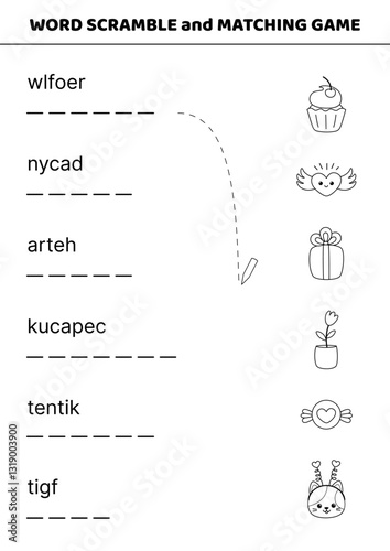 Black and white word scramble and matching game on Valentines day. English words. Sort letters into correct order. Cartoon, Isolated vector illustration eps 10