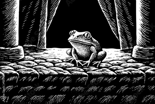 funny frog on rocky stage black and white hand drawn sketch