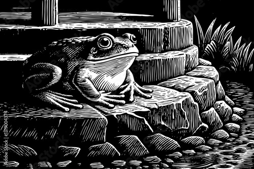 funny frog on rocky stage black and white hand drawn sketch