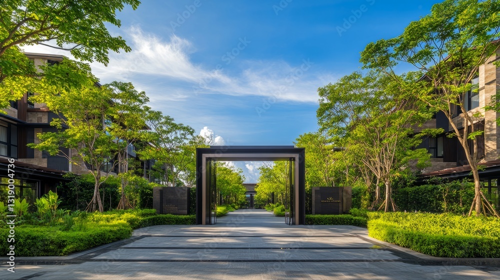 Naklejka premium Modern Luxury Home Entrance with Clean Lines, Surrounded by Greenery, Under a Clear Blue Sky, Minimalistic and Serene Design. 