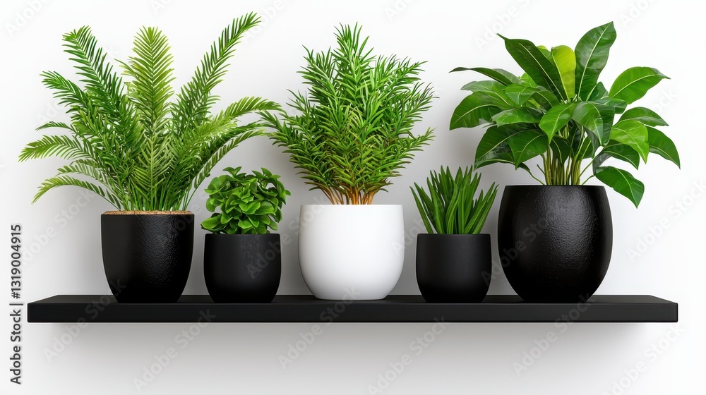 Fototapeta premium Lush Green Indoor Plants in Modern Black and White Planters on Shelf