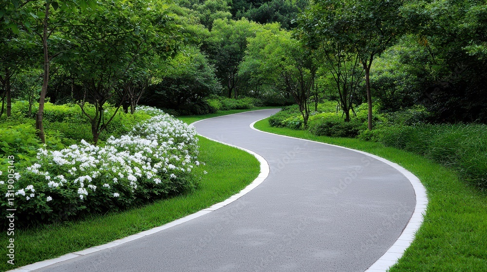 Serene Winding Path Through Lush Green Garden with White Flowers Serene Winding Path Through Lush Green Garden with White Flowers