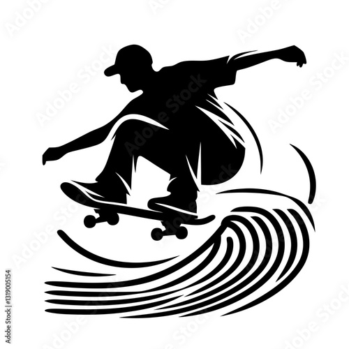 Skateboarder performing an aerial trick in motion silhouette